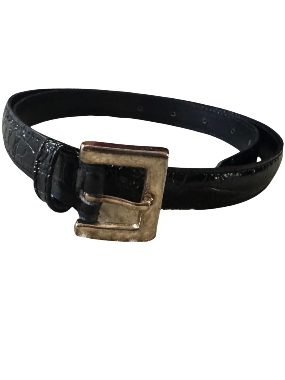 Black Croc-Embossed Leather Belt with Gold Buckle